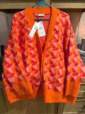 Zara Orange and Pink Geometric Open-Front Cardigan